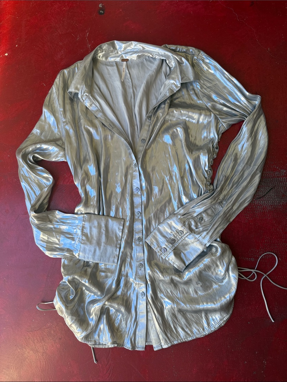 Free People Metallic Silver Button-Front Shirt Jacket